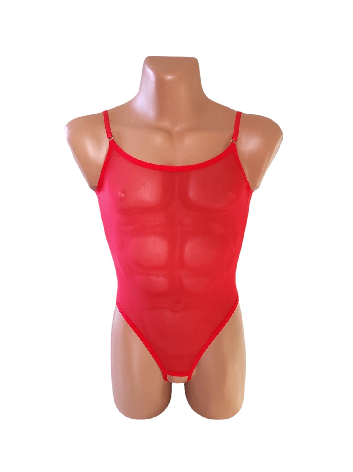 Red See though mesh bodysuit Seductive sheer Sissy lingerie Full acses