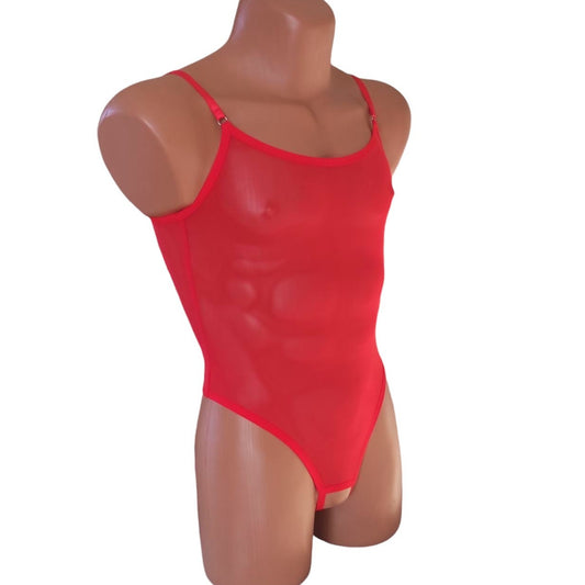 Red See though mesh bodysuit Seductive sheer Sissy lingerie Full acses