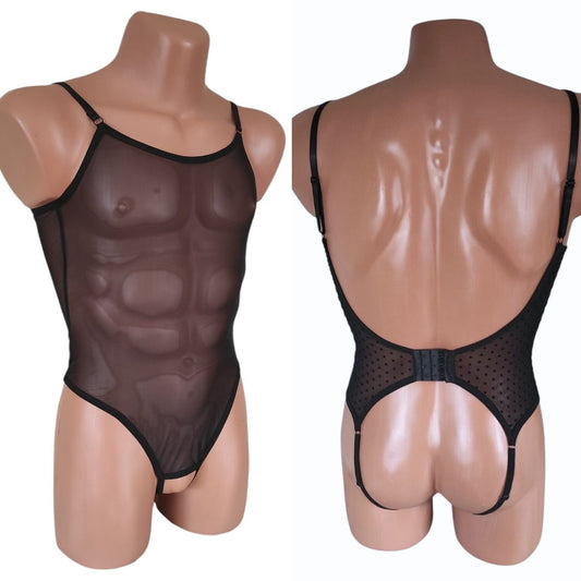 Men's Open back crotchless mesh bodysuit Seductive sheer see though sissy lingerie