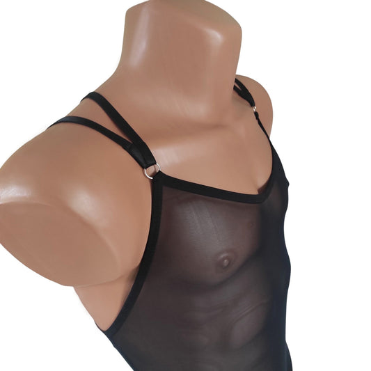 Crotchless bodysuit for men Mesh seductive sheer see though mens lingerie