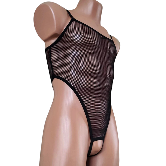 Transparent Men's mesh bodysuit Black Sheer see though Fishnet