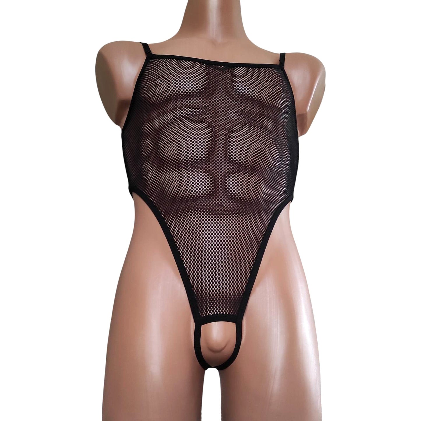 Transparent Men's mesh bodysuit Black Sheer see though Fishnet